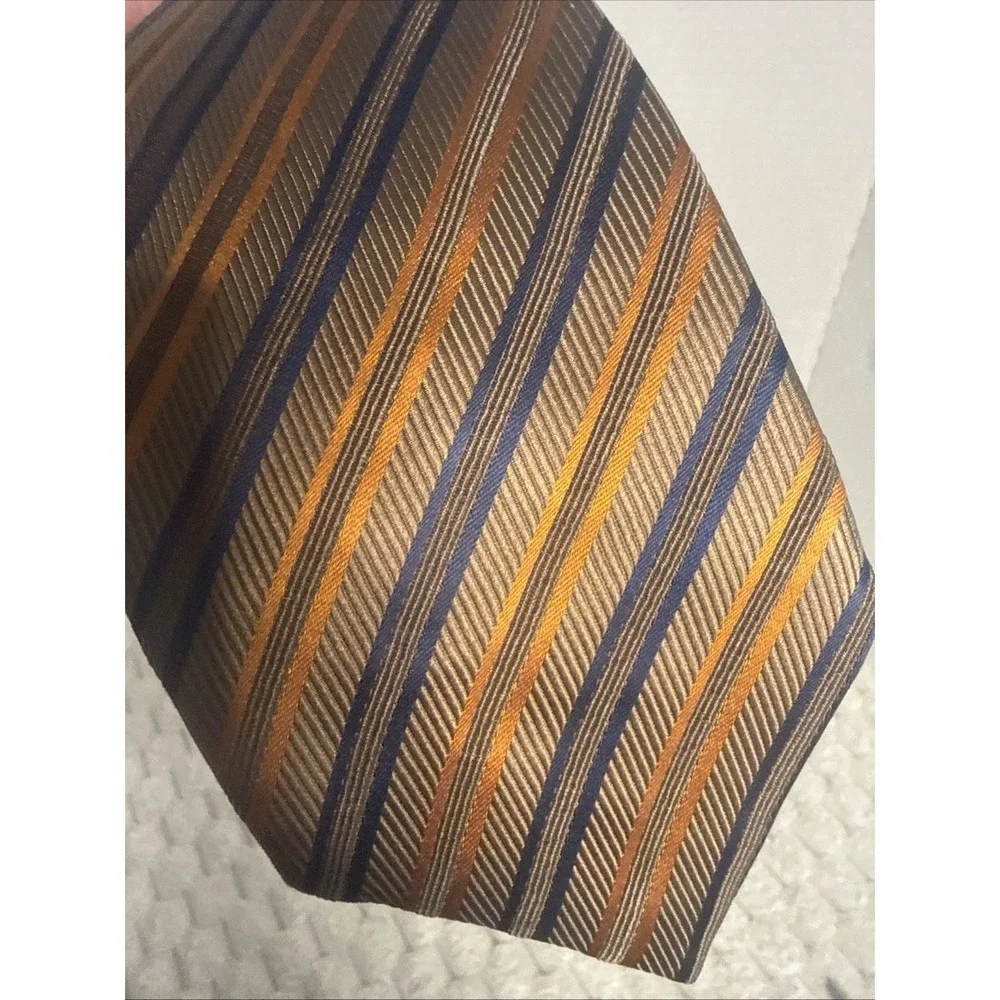 Brioni Designer Tie Diagonal Striped 60 Inches Long 84% Silk Bronze Navy Gold